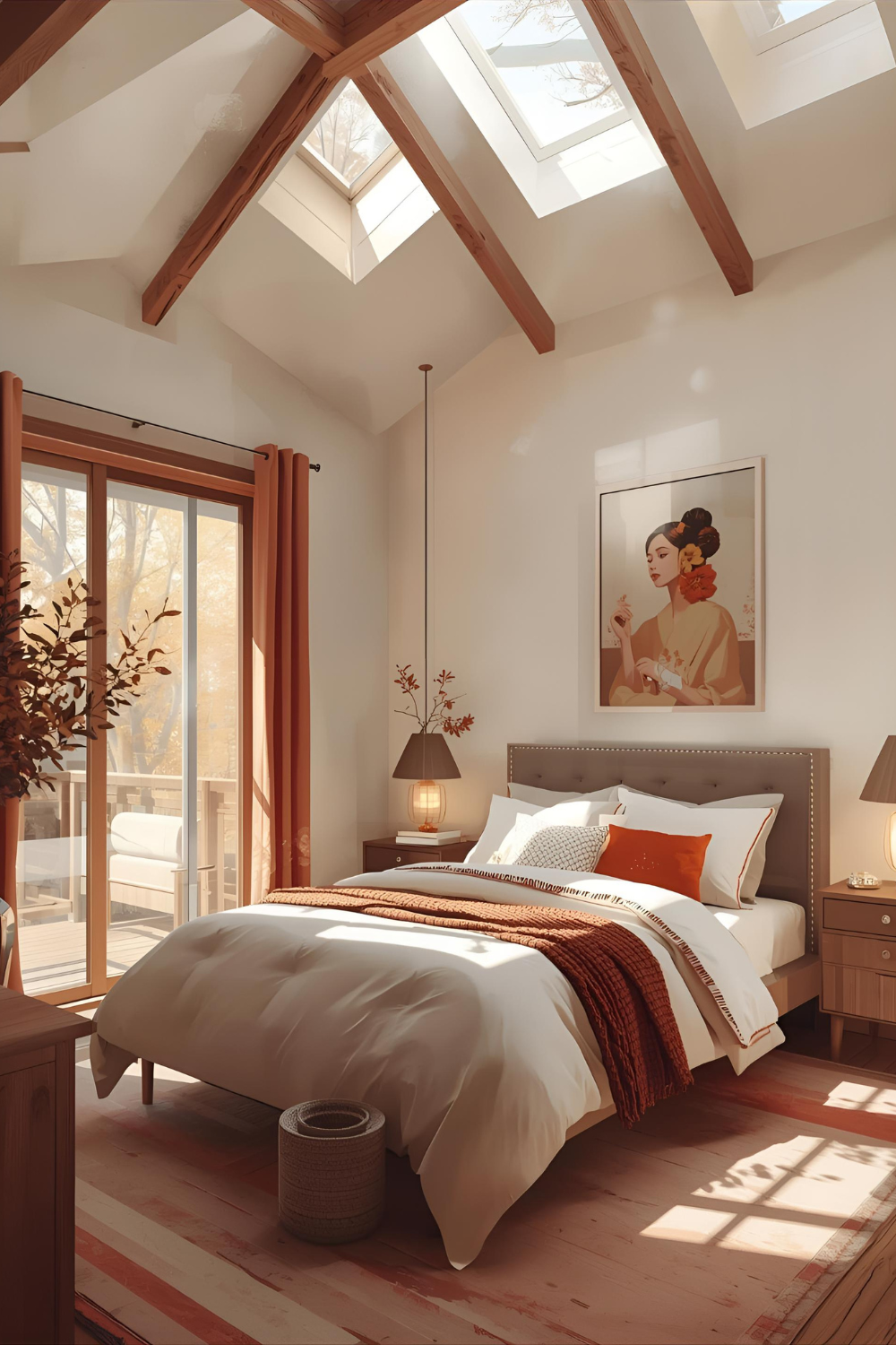 Fall bedroom with quilted comforter in warm autumn colors